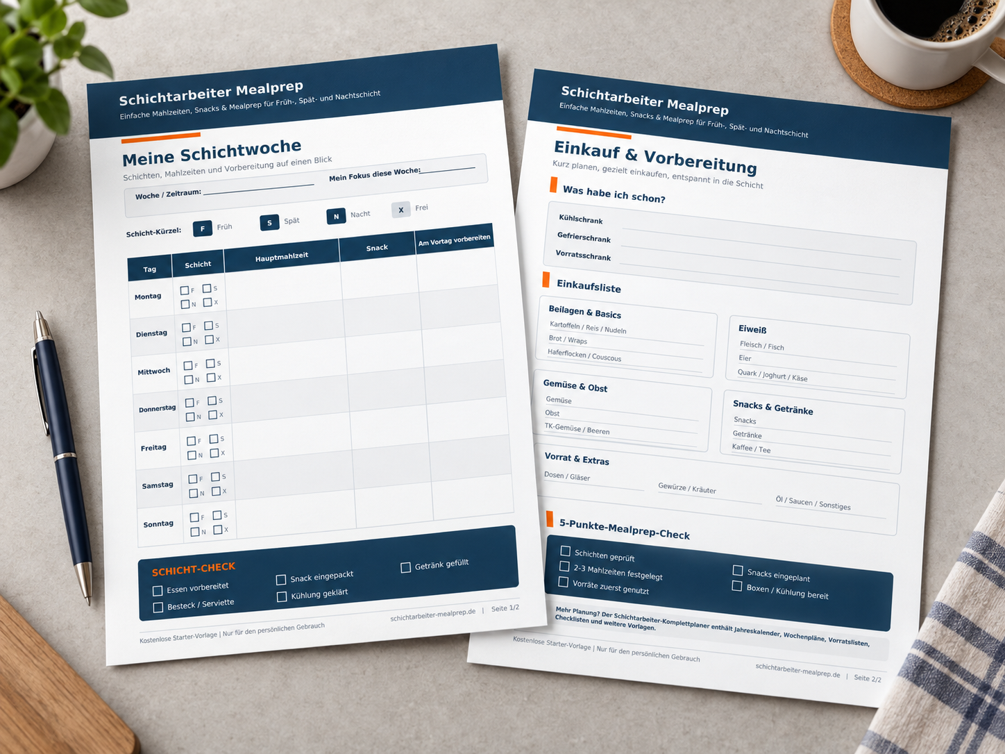 Vorschau des kostenlosen Schichtarbeiter Mealprep-Starterplans mit Schichtwochenplan und Einkaufsliste